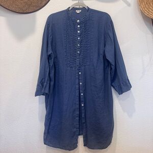 100% Linen Long Button-Front Tunic Top in Washed Blue Coastal Summer Vacation